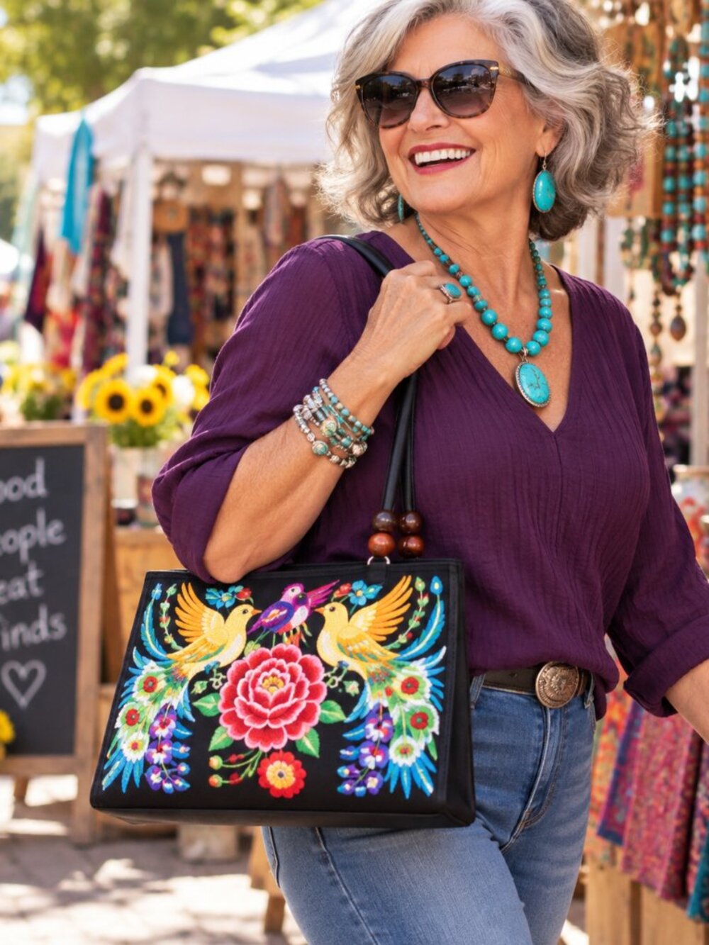 Gift for the Fun Grandma Colorful Embroidered Handbag Floral Bird Top Handle Pur